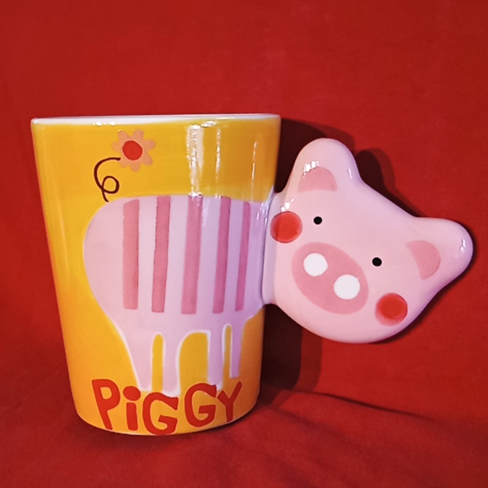 Indra "Piggy" Hand Painted Fine Stoneware Coffee/Cocoa Mug. Pink.
